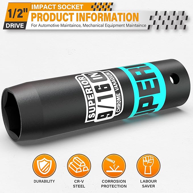 1/2" Drive Impact Socket, 9/16 inch Deep Socket, SAE, 6 Point, CR-V, for Car Repair, Loosen the Fastening Nut