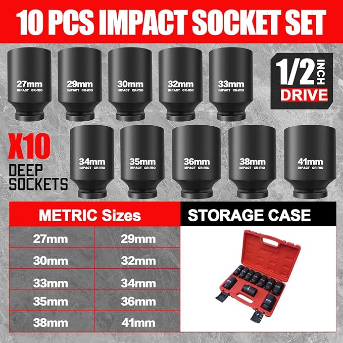 1/2 Inch Drive Deep Impact Socket Set,10 PCS,6-Point,Metric Size(27mm to 41mm),Cr-Mo Steel,Heavy Duty Impact Socket Set,With a Storage Case