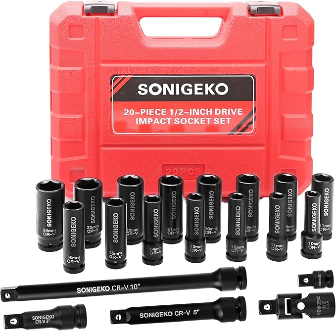 Socket Set 1/2" Drive Impact Socket Set,20-Piece 6 Point Deep, Metric CR-V Steel Sockets with Extension Bars, Universal Joint and Adapter(1/2" 20 PCS Metric)