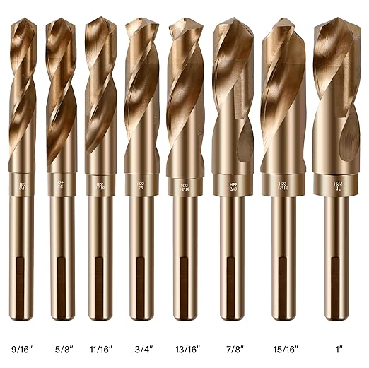 Reduced Shank Drill Bit Set, 8Pcs High-Speed Steel, 1/2??Reduced Shank Deming Large Drill Bit Set for Home DIY and General Building, Engineering, Woodworking with Indexed Storage case