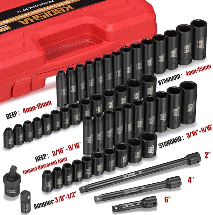 KBOISHA 1/4 Inch Drive Master Impact Socket Set, 53-Piece CR-MO Alloy Steel Socket Set SAE and Metric From 3/16 Inch - 9/16 Inch and 4mm - 15mm Standard and Deep Sockets with Heavy Duty Storage Case