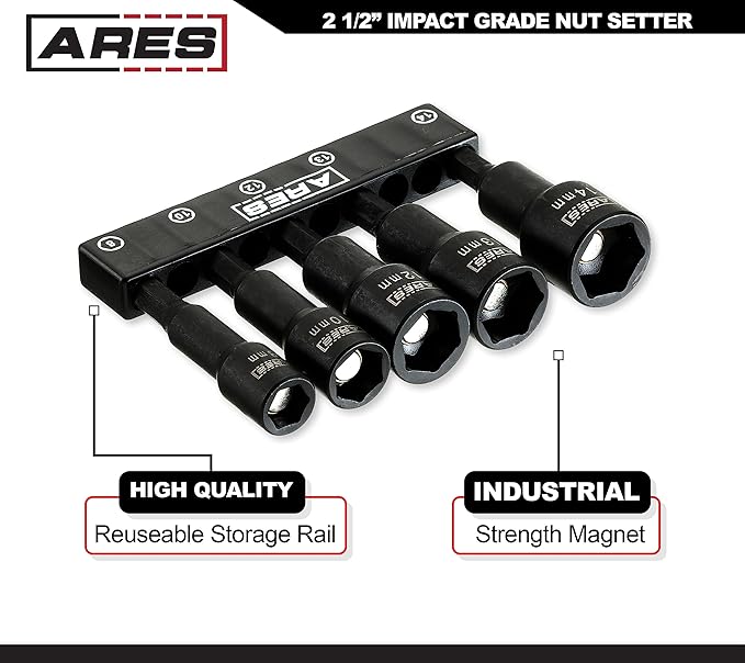 ARES 70029 - Metric Impact Magnetic Nut Driver Set - 2 1/2-Inch Impact Grade Nut Setter with Industrial Strength Magnet