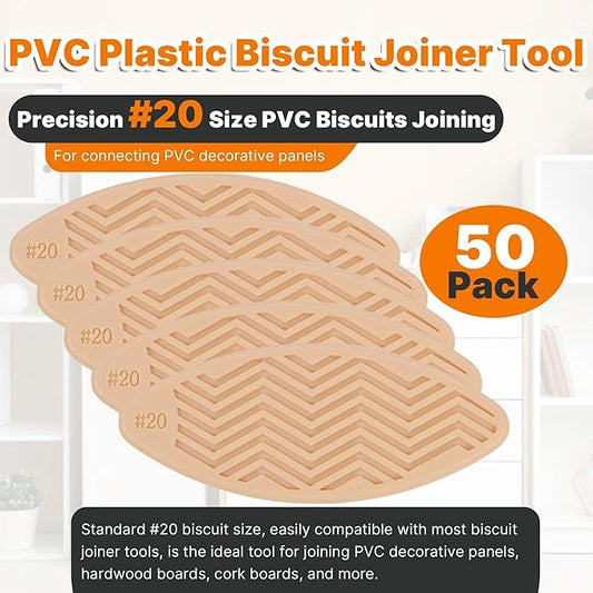 50 Pack PVC Plastic Biscuit Joiner Tool #20, Wood Color Joiner Biscuits for Connecting PVC Decorative Panels, Woodworking, Biscuit Connector for Furniture Frames, Door Frames, Countertop Joiner