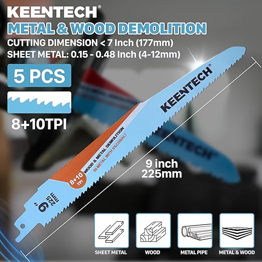 KEENTECH 9 Inch Bi-Metal Reciprocating Saw Blade 5-Pack for General Purpose Metal & Wood Demolition, 8/10 TPI, Fits Milwaukee Sawzall and Other Reciprocating Saws