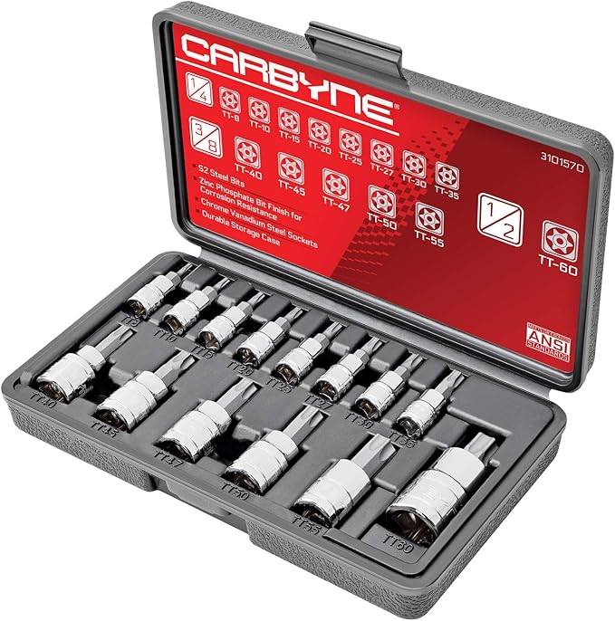 CARBYNE 14-Piece Tamper-Resistant Torx Bit Socket Set, TT8 to TT60 Sizes, S2 Steel Bits, Cr-V Sockets, Durable Case | 1/4, 3/8, & 1/2 in. Drive ??From a Family-Run Tool Company Based in the U.S.A.
