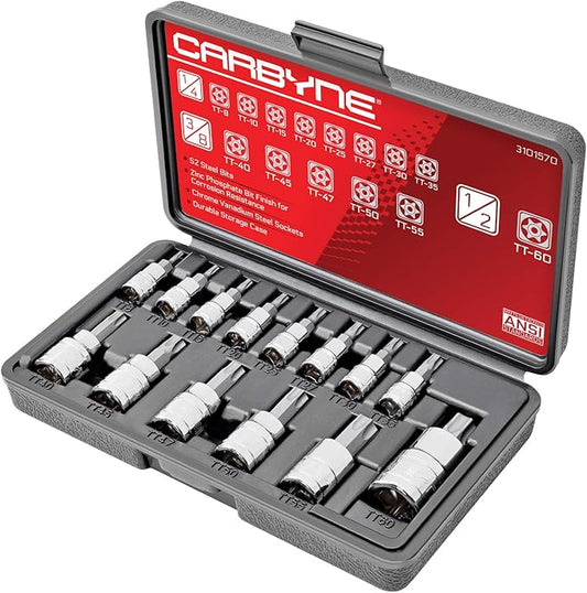 CARBYNE 14-Piece Tamper-Resistant Torx Bit Socket Set, TT8 to TT60 Sizes, S2 Steel Bits, Cr-V Sockets, Durable Case | 1/4, 3/8, & 1/2 in. Drive ??From a Family-Run Tool Company Based in the U.S.A.