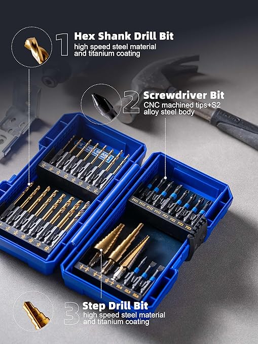 HIGHFIRE 30PCS Impact Driver Bit Set Include Screwdriver Bit Set,Step Drill Bit,Hex Shank Drill Bit with Tough Stackable Case, Idea for Hanging Pictures, Assembling Furniture and Home Tasks