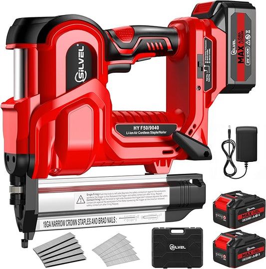 SILVEL 2" Cordless Brad Nailer, 2-in-1 21V Electric Brad Nailer Stapler with 2 * 4.0Ah Battery, 1000pcs Nails, 18GA Staples, Adjustable Depth for Woodworking, Home Improvement