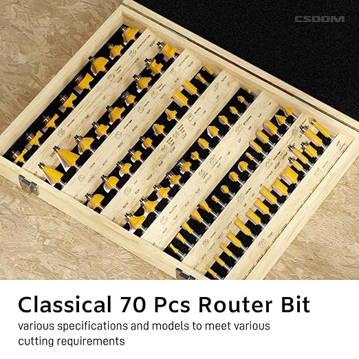 CSOOM 70PCS Router Bits Set - 1/4??Shank, Carbide Tipped Router Bits for Professional Woodworking, Includes Multiple Shapes , Yellow,for Professional and Beginners Carpenter
