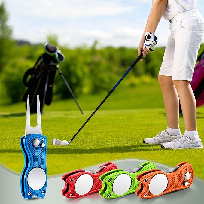 Skylety 4 Pcs Golf Divot Repair Tool Metal Foldable Golf Divot Tool with Magnetic Pop-up Button Ball Marker Stainless Steel Switchblade for Golfers Prizes
