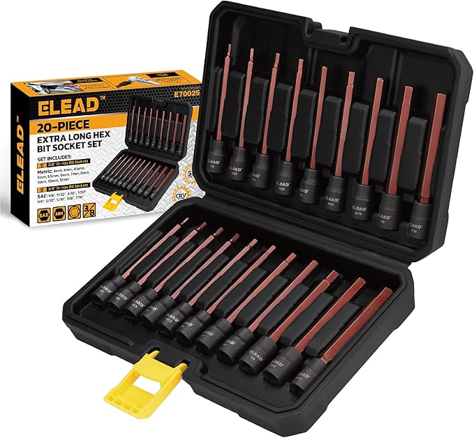ELEAD 20-Piece 3/8 Inch Drive Extra-Long Allen Hex Bit Socket Set: S2 Steel, Standard SAE & Metric (1/8-Inch - 7/16-Inch, 3-12mm) for Impact Drills and Ratchet Wrenches