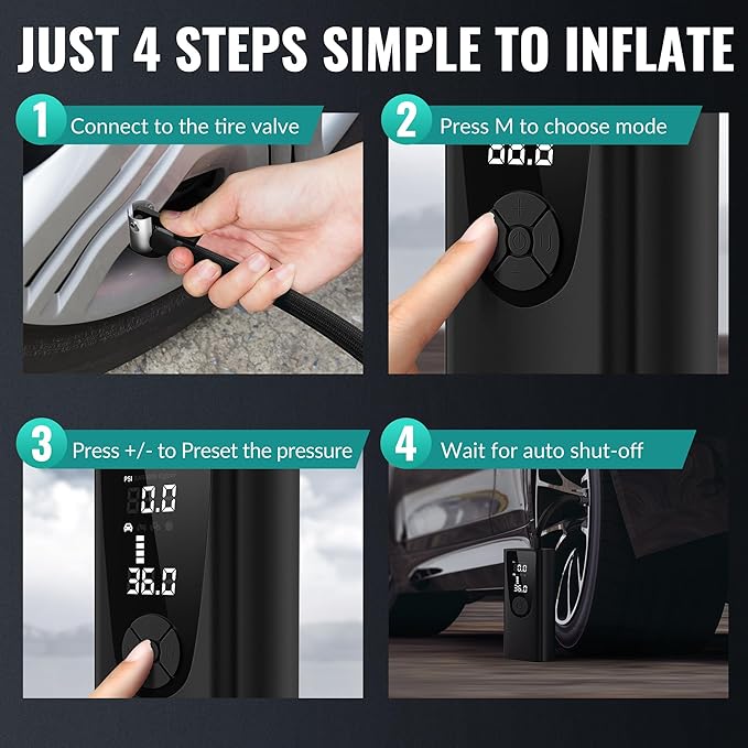 Tire Inflator Portable Air Compressor-Car Tire Air Pump Portable-180PSI Cordless Electric 3X Fast Inflation, Tire Inflator with Gauge, LED, for Bike, Motorcycle, Ball