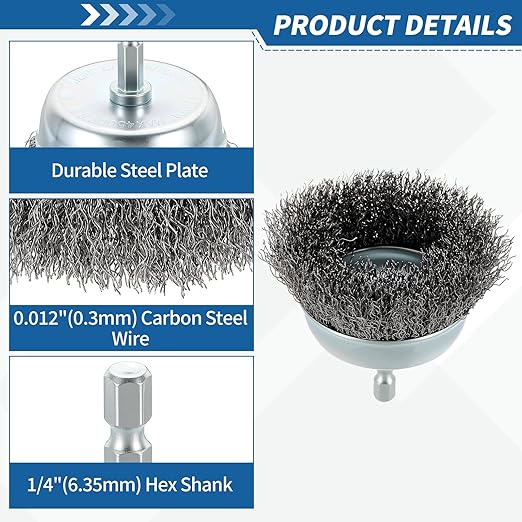 Wire Brush for Drill (3"/75mm) 5Pack, Crimping Steel Wire 0.012" (Carbon Steel) Wire Brush Drill Attachment with 1/4" Hex Shank - for Rust, Cleaning, Deburring on Cast Iron