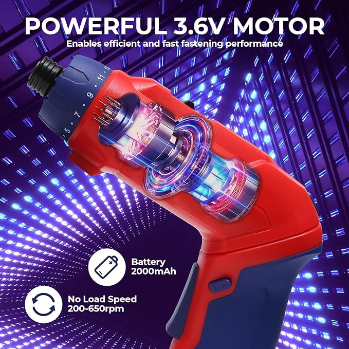 Cordless Screwdriver 3.6 V Electric Rechargeable Set,Battery Powered Screwdriver Kit Including 38pcs Bits, Max 7.1Nm Screw Gun, 21+1 Torque Setting, 2 Position Handle with LED Light