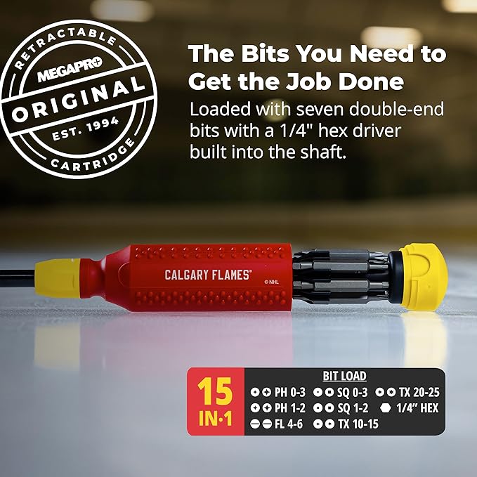MEGAPRO짰 NHL짰 Team Edition Multi-bit Screwdriver | Officially Licensed NHL짰 Gear | Durable, Ergonomic, Pro-Grade Screwdriver (Calgary Flames짰)