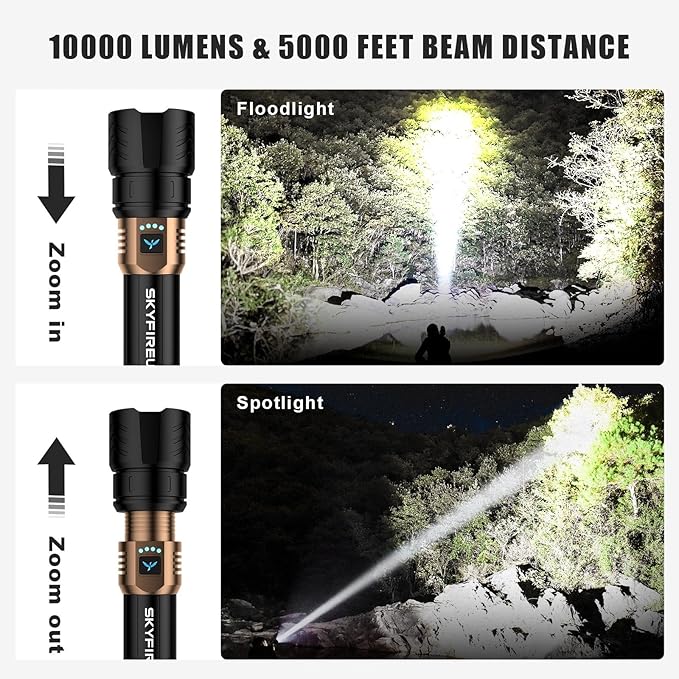 SKYFIRE Rechargeable Flashlight High Lumens,10000mAh Super Bright Flashlight,Zoomable,Four Modes,Waterproof LED Flash Light for Camping Essentials,Outdoor and Home Emergencies