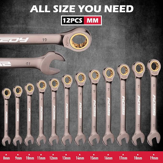Premium 12-Piece Metric Ratchet Wrenches Set with Magnetic Organizer 8mm-19 mm, 72-Tooth Ratcheting Wrench Set, Cr-V Steel Ratchet Combination Wrench Set for Automotive, Machine Repair