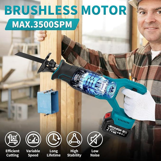 Brushless Reciprocating Saw,21V Cordless Saws with 2횞4.0Ah Battery,Variable Speed Power saw zaw 3500SPM 28mm with 12 Saw Blades,Rec챠proca Tool-Free Blade Change for Cutting Wood,Metal & PVC