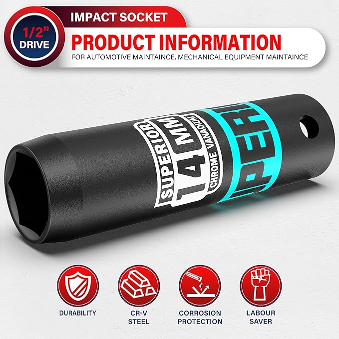 1/2" Drive Impact Socket, 14 mm Deep Socket, Metric, 6 Point, CR-V, for Automotive Maintaince, Mechanical Equipment Maintaince
