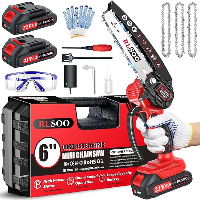 Mini Chainsaw Cordless, 6 Inch Handheld Chain Saw Battery Powered with 2 Rechargeable Batteries and 3 Chains, Portable Small Electric Tree Trimmer for Wood Cutting, Pruning, Courtyard and Household