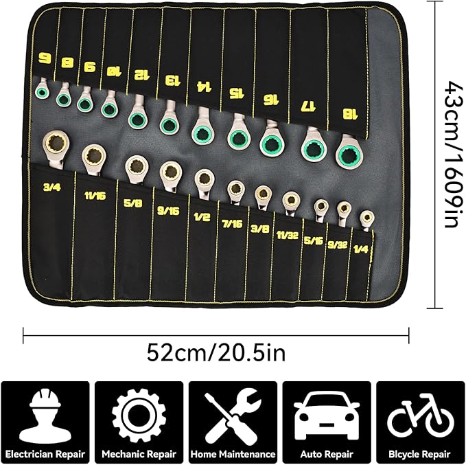 GRENPRO Ratcheting Wrench Set, Combination Wrench Set Metric And Standard & SAE With Color Ring, 1/4" to 3/4" & 6-18mm, 23PC Open End Ratchet Wrenches With Roll Up Pouch, CRV Socket Mechanic Tool Sets