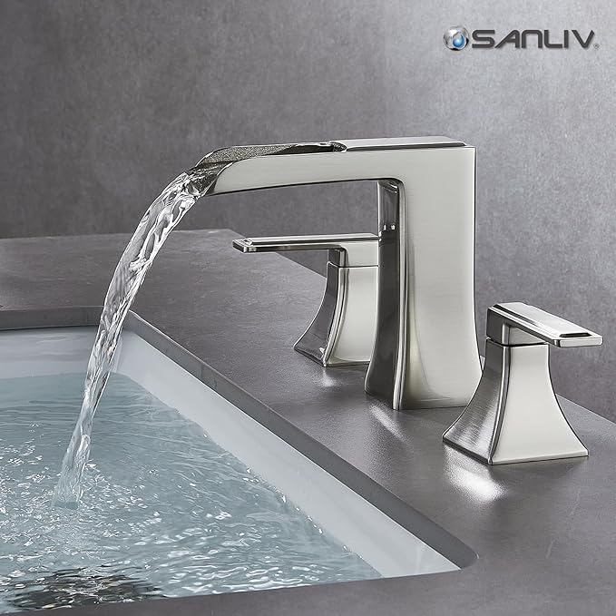 Brushed Nickel Bathroom Faucet, Sanliv Widespread Bathroom Faucet for 3-Hole Sinks 4-8 inch, 2-Handle Waterfall Vanity Faucets with Pop-Up Drain, Brushed Nickel
