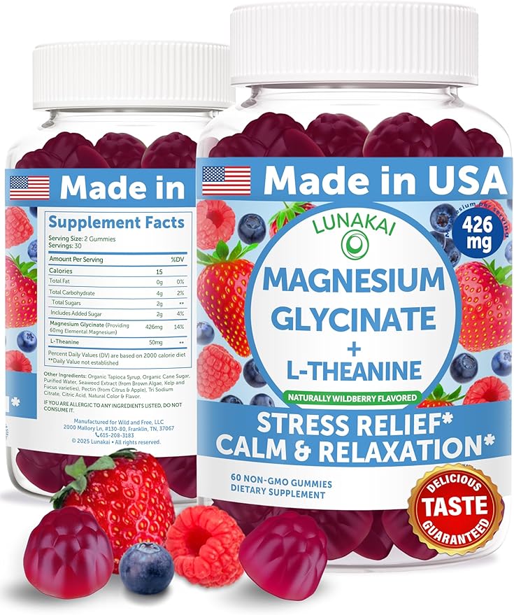 Lunakai USA Made Magnesium Glycinate Gummies 426mg with L-Theanine ??Calm, Sleep, Stress Relief for Adults & Kids, Non-GMO, Vegan, 60ct