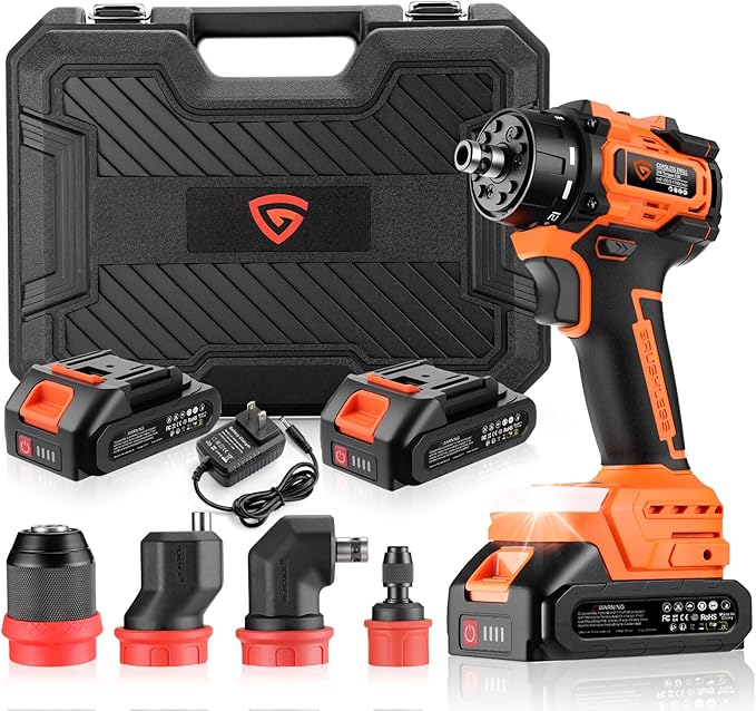 21V Brushless Cordless Drill Driver Kit, 5-in-1 Multi-Head System with 2 Batteries and Charger, Right Angle Adapter, Offset Head, 3-Jaw Chuck, Extension Head