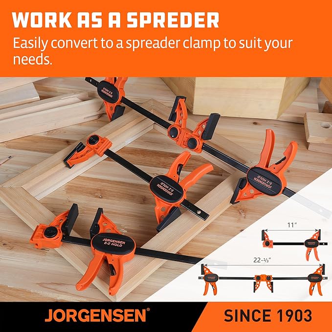 Jorgensen 6" Bar clamps for woodworking - 4-Pack, One-Hand Light Duty E-Z Hold Spreader Clamp, 150 lbs Capacity, Versatile and Easy-to-Use Design