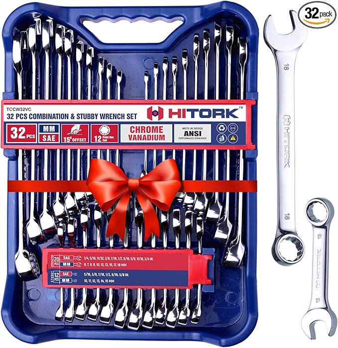 HITORK 32 Piece Wrench Set SAE & Metric 20 Standard & 12 Stubby Combination Wrenches Cr-V Steel 12-Point Mirror Finish 15째 Offset with Organizer Tray Ideal for Auto & Home Repair
