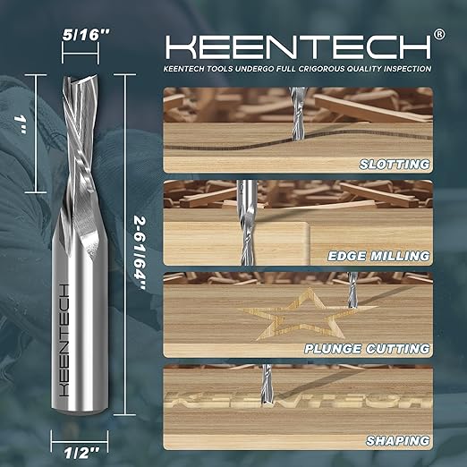 KEENTECH 1/2" Shank Downcut 2 Flute Flat Tip Sprial Router Bit for CNC Router Machine, 5/16" Cutting Diameter, 1" Cutting Depth, for Wood Cutting, Custom Furniture, Slot Mortise, Engraving, Carving