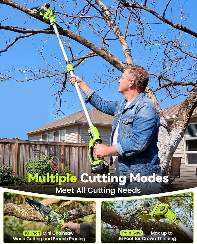 10 Inch Electric Pole Saws for Tree Trimming, 1000W Brushless Pole Saw and Mini Chainsaw 2 in 1, 2 * 4000mAh Battery, Lightweight Tree Saw with Extension Pole, 16Ft Max Reach, Gift for Men Women