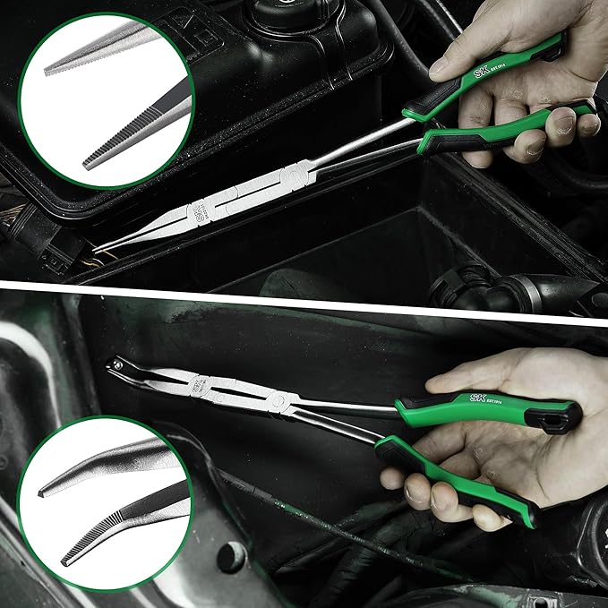SK 2-Piece Double Compound Long Reach Pliers Set, 13-Inch Straight Long Nose Pliers, 45째 Bent Nose, with Comfort Grips, Premium CR-V Steel Construction