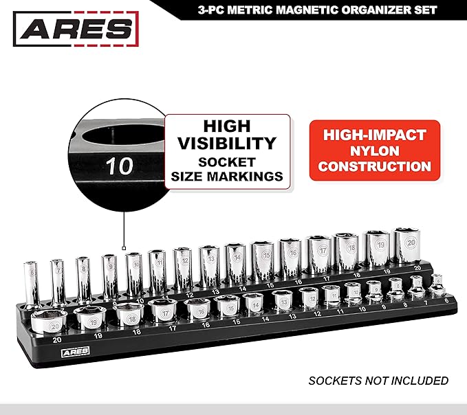 ARES 60034-3-Piece Black Metric Magnetic Socket Organizer Set - Includes 1/4-Inch, 3/8-Inch, and 1/2-Inch Socket Holders - Holds Standard Size and Deep Size Sockets - Keeps Your Tool Box Organized