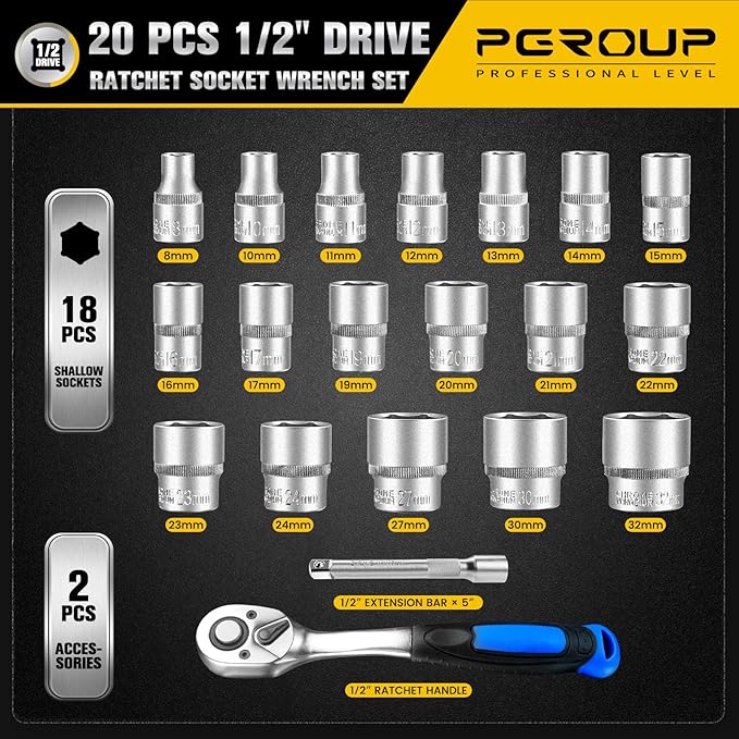 20 PCS 1/2" Drive Metric Socket Wrench Set,90-Tooth Reversible Ratchet Handle竊? Point Shallow Sockets (8-32mm) and Extension Bar 5", CR-V Steel, Car Repair Set
