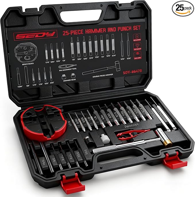 Premium Pin Punch Hammer Set: 25-Piece Punch Set and Hammer with Bench Block, Steel Roll Pin Punch Set, Pin Punches with Replaceable Face Hammer, Mechanical Repair Tool for Maintenance