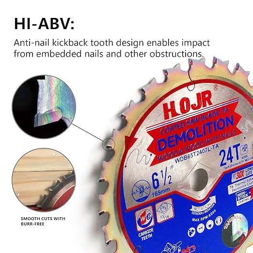 2-Pack 6-1/2" 24 Tooth 5/8" Arbor Woodworking Circular Saw Blade,Framing/Demolition,Special Anti-Thermal Adhesion Coating on Cutting Head -TA, DEM 6-1/2" 24T-TA