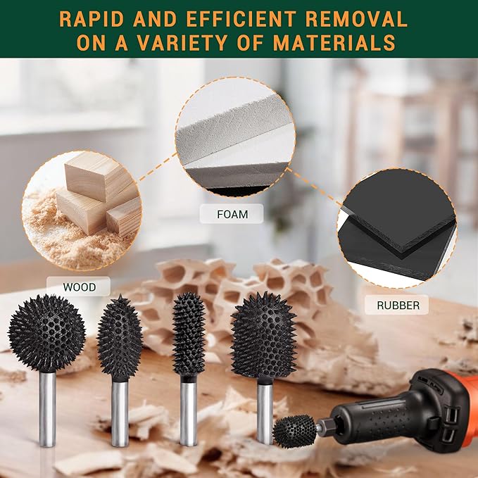 Extreme Coarse Ball Nose Rotary Burr, 1??" Shaft, Wood Rasp Bit for Drill-Bosch,Foredom, DeWalt, Milwaukee Tools- Abrasive Tungsten Carbide