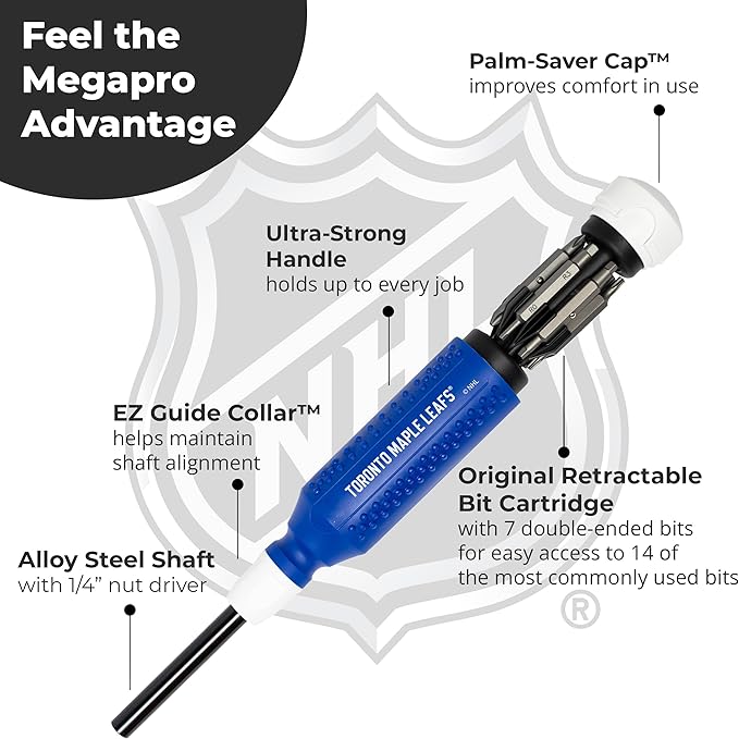 MEGAPRO짰 NHL짰 Team Edition Multi-bit Screwdriver | Officially Licensed NHL짰 Gear | Durable, Ergonomic, Pro-Grade Screwdriver (Toronto Maple Leafs짰)