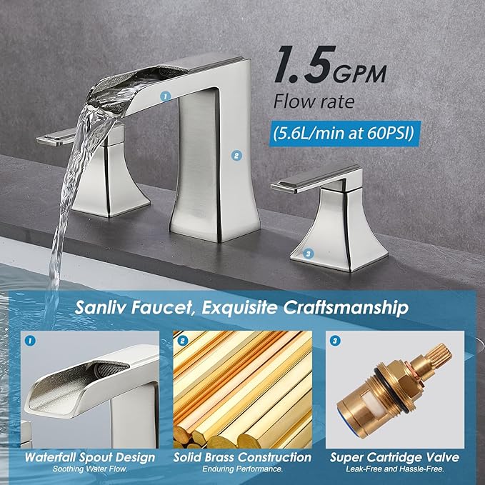Brushed Nickel Bathroom Faucet, Sanliv Widespread Bathroom Faucet for 3-Hole Sinks 4-8 inch, 2-Handle Waterfall Vanity Faucets with Pop-Up Drain, Brushed Nickel