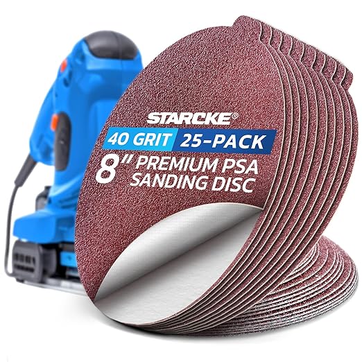 8 inch Sanding Disc Self Stick Orbital Sander Pads 25 Pack No Hole - Premium 40 Grit Sandpaper Discs Aluminum Oxide, Durable PSA Sand Paper, Round Sanding Discs Adhesive Back for Wood & Metal