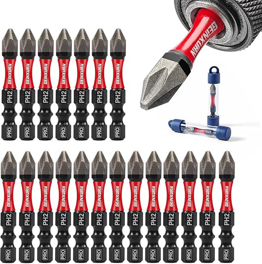 20Pcs Diamond Coated Impact Screwdriver Bit Set, 2 Inches #2 Phillips Power Driver Bits, Magnetic S2 Steel PH2 Screwdriver Bits Set with Tubes Package