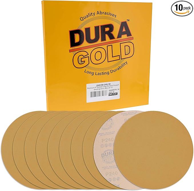 Dura-Gold Premium 9" Drywall Sanding Discs - 240 Grit (Box of 10) - High-Performance Sandpaper Discs with Hook & Loop Backing, Fast Cutting Aluminum Oxide Abrasive - for Drywall Power Sander, Wood