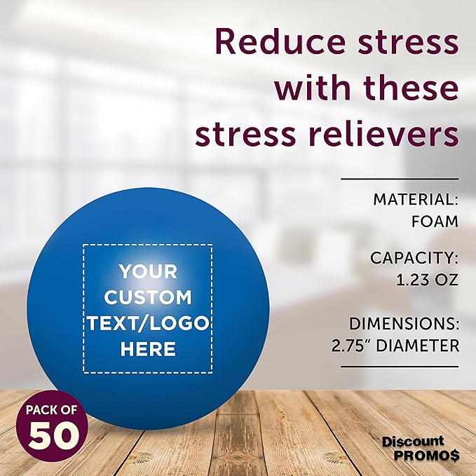 Custom Stress Balls for Adults Set of 50, Personalized Bulk Pack - Relief, Perfect for Your Desk, Office or Home - Blue