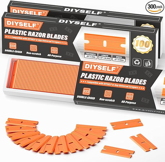 DIYSELF 300 Pack Plastic Razor Blades - Blade Replacement for Plastic Razor Blade Scraper - Plastic Blades for Floors, Glass, Metal - Stains and Adhesives Romovel