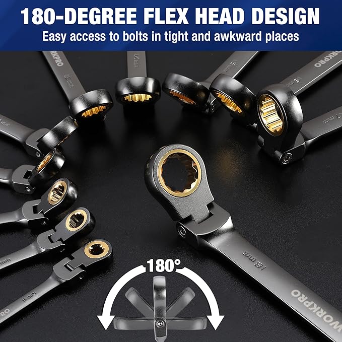WORKPRO 22-Piece Flex-Head Ratcheting Wrench Set, Ratchet Combination Wrench Sets with Organizer Box, Nickel Plating, 72 Teeth, Metric 6-18mm & SAE 1/4-3/4"