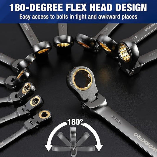 WORKPRO 22-Piece Flex-Head Ratcheting Wrench Set, Ratchet Combination Wrench Sets with Organizer Box, Nickel Plating, 72 Teeth, Metric 6-18mm & SAE 1/4-3/4"