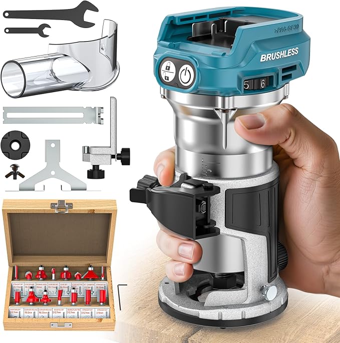 Cordless Compact Router Compatible with Makita 18V Battery, With 15Pcs Router Bits 6 Variable Speeds for Woodworking, 800W 30000 RPM Fixed Base Wood Router With Trim Bits