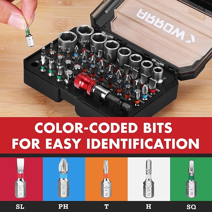 ARROW 48-Piece 1/4" Screwdriver Bit & Socket Set, Color-Coded S2 Steel Drill Bits with Magnetic Bit Holder, 6–13mm CR-V Sockets, Compatible with Power Drill, Screwdriver & Mini Ratchet Wrench