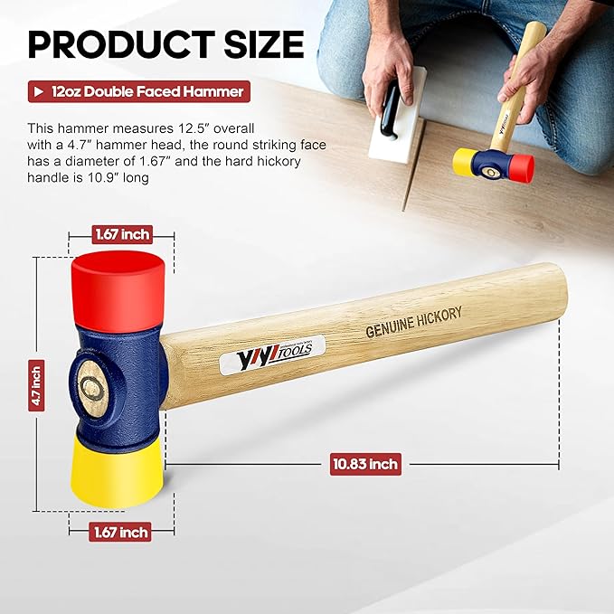 YIYITOOLS 12oz Double Faced Hammer, Double-Sided PU Mallet, High Carbon Steel Head, Hard Hickory Wood Handle, Flooring Installation,Rubber Mallet for Camping Woodworking,Tile Laying,Furniture Assembly